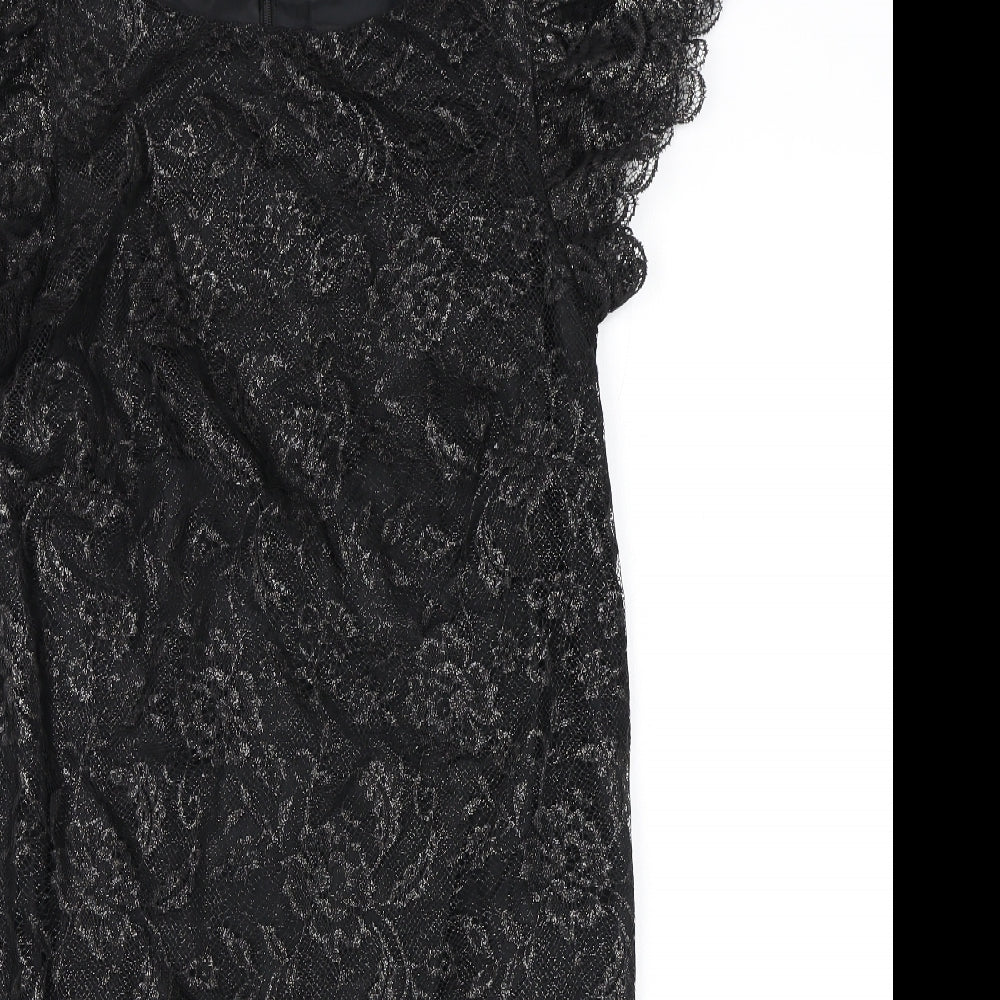 Oasis Womens Black Floral Polyester A-Line Size 10 Boat Neck Zip