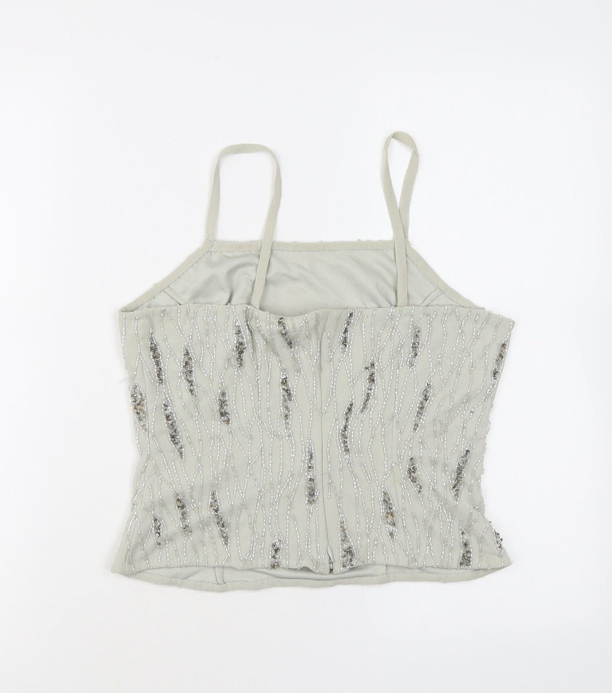 Raishma Womens Grey Geometric Polyester Basic Tank Size 8 Square Neck - Beading, Sequins
