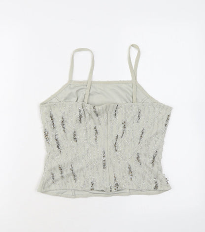 Raishma Womens Grey Geometric Polyester Basic Tank Size 8 Square Neck - Beading, Sequins