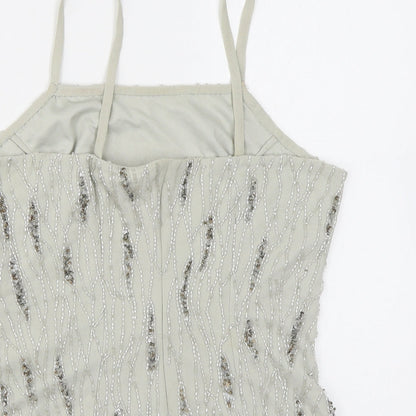 Raishma Womens Grey Geometric Polyester Basic Tank Size 8 Square Neck - Beading, Sequins