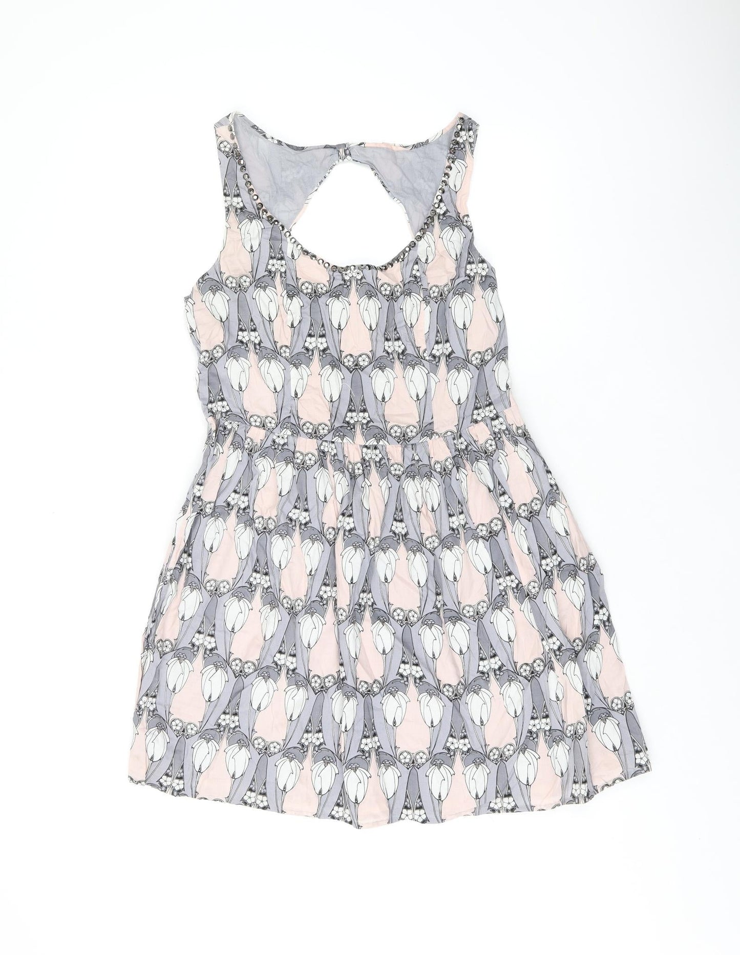 Oasis Womens Grey Geometric Cotton Skater Dress Size 12 Scoop Neck Zip - Studded