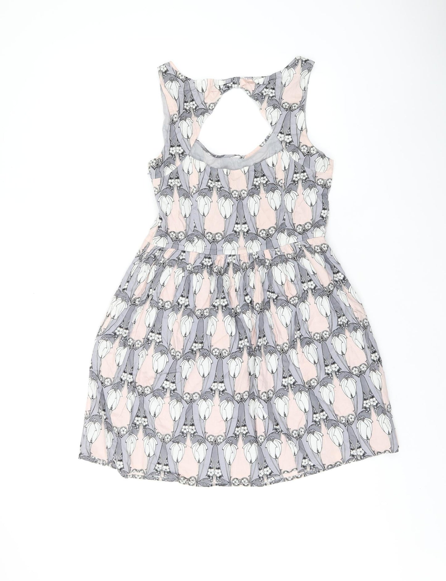 Oasis Womens Grey Geometric Cotton Skater Dress Size 12 Scoop Neck Zip - Studded