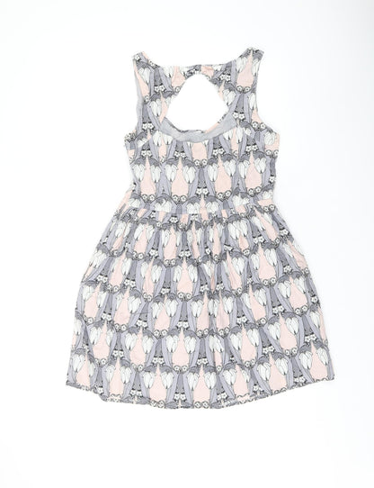 Oasis Womens Grey Geometric Cotton Skater Dress Size 12 Scoop Neck Zip - Studded