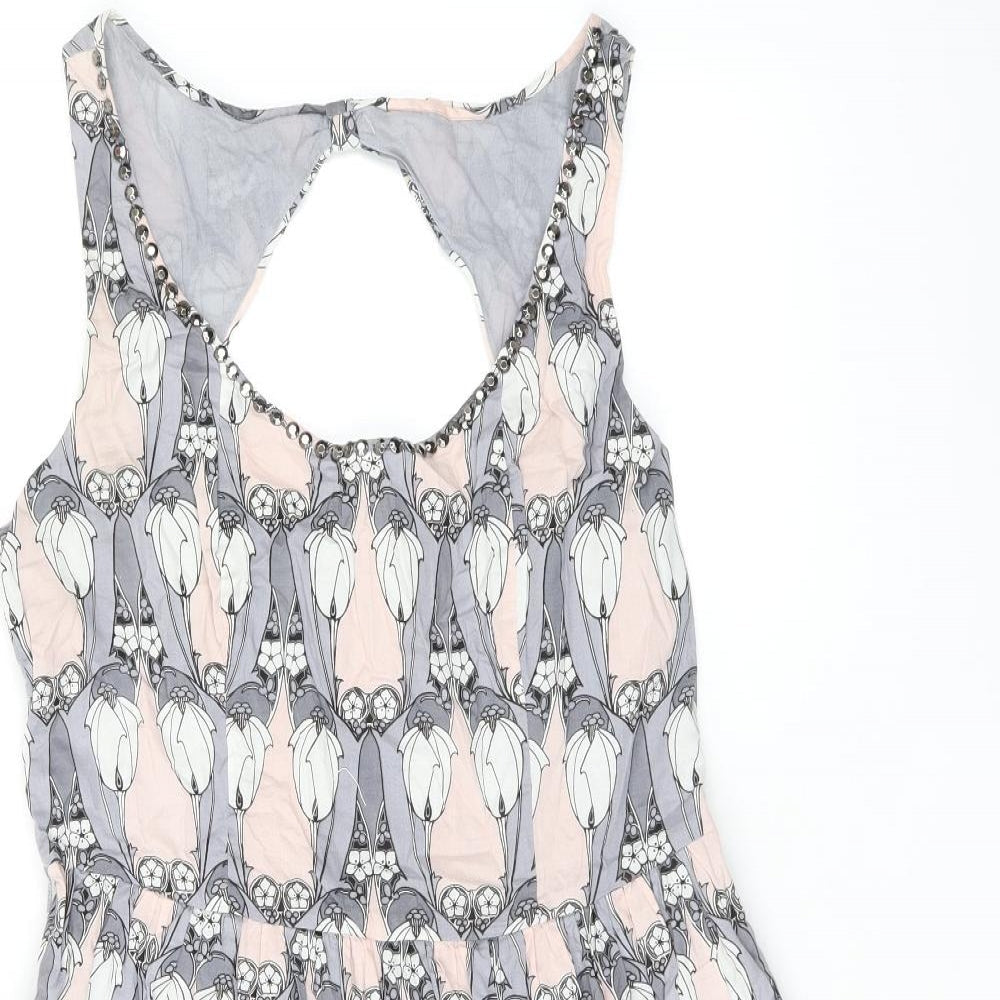 Oasis Womens Grey Geometric Cotton Skater Dress Size 12 Scoop Neck Zip - Studded