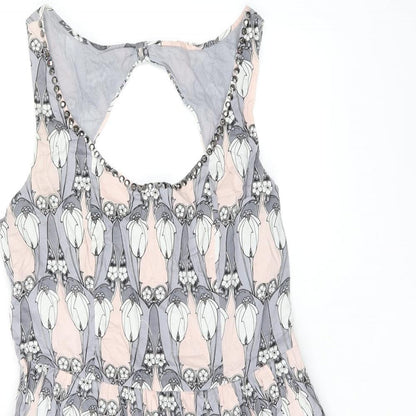 Oasis Womens Grey Geometric Cotton Skater Dress Size 12 Scoop Neck Zip - Studded