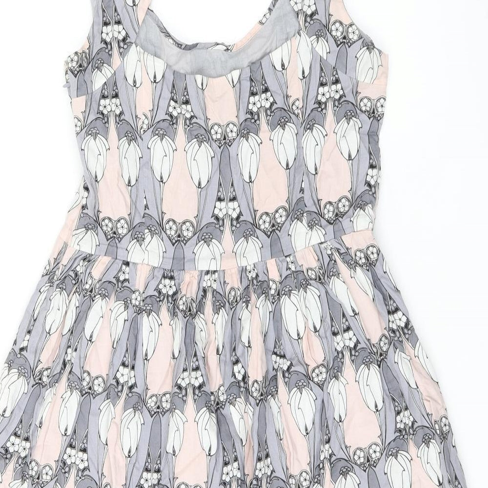 Oasis Womens Grey Geometric Cotton Skater Dress Size 12 Scoop Neck Zip - Studded