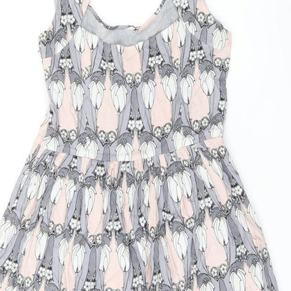 Oasis Womens Grey Geometric Cotton Skater Dress Size 12 Scoop Neck Zip - Studded