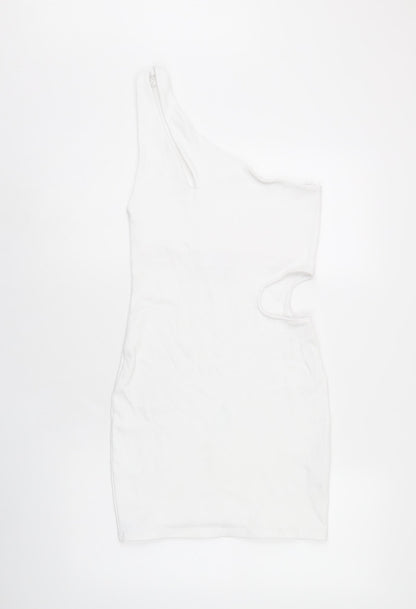 Zara Womens White Cotton Bodycon Size L One Shoulder Pullover - Cut Out Detail