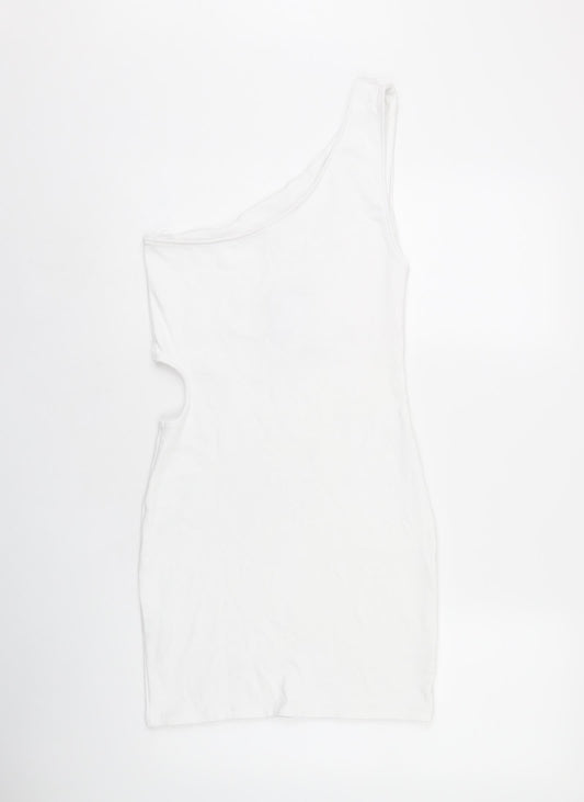 Zara Womens White Cotton Bodycon Size L One Shoulder Pullover - Cut Out Detail