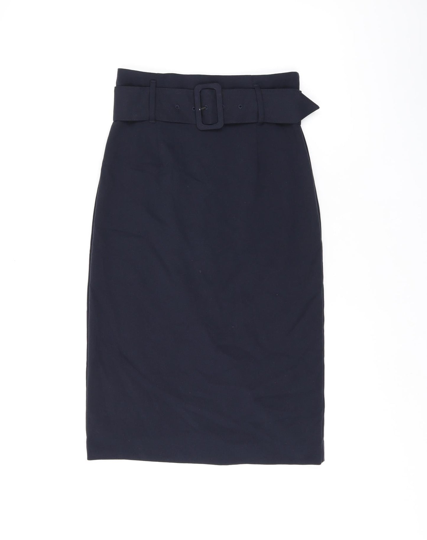 Marks and Spencer Womens Blue Polyester Straight & Pencil Skirt Size 6 Zip - Belted, Slit