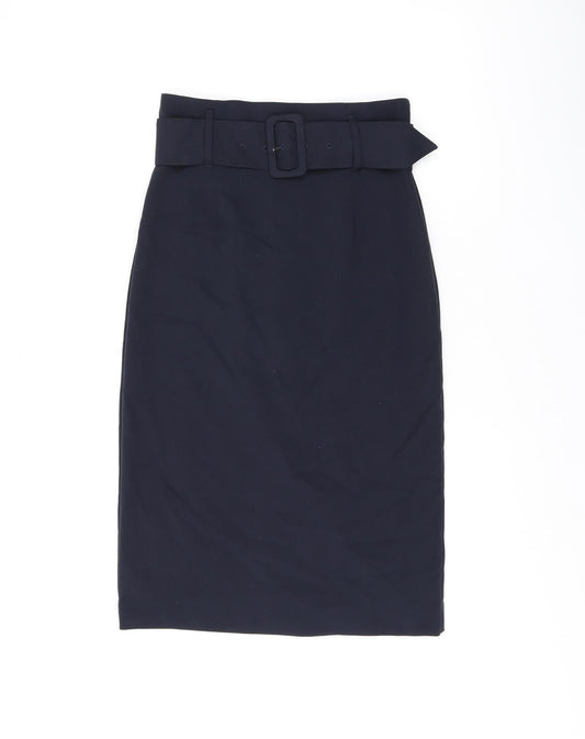 Marks and Spencer Womens Blue Polyester Straight & Pencil Skirt Size 6 Zip - Belted, Slit
