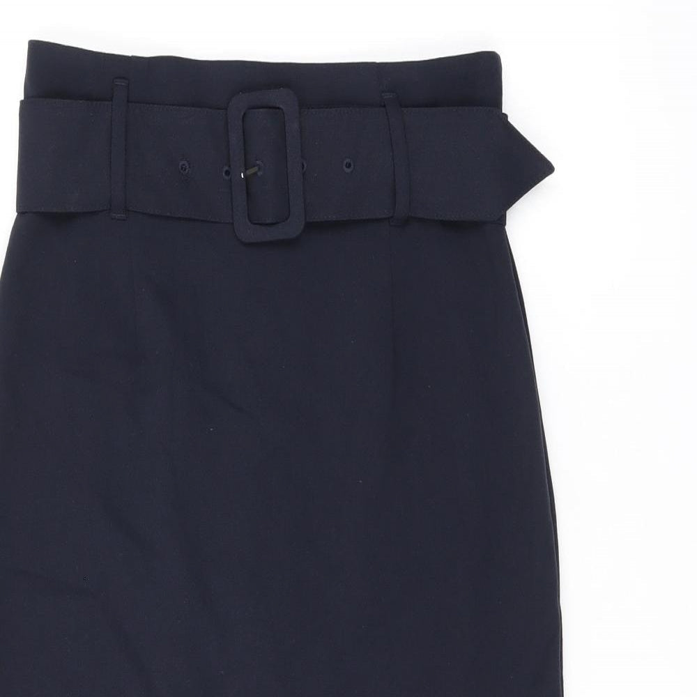 Marks and Spencer Womens Blue Polyester Straight & Pencil Skirt Size 6 Zip - Belted, Slit