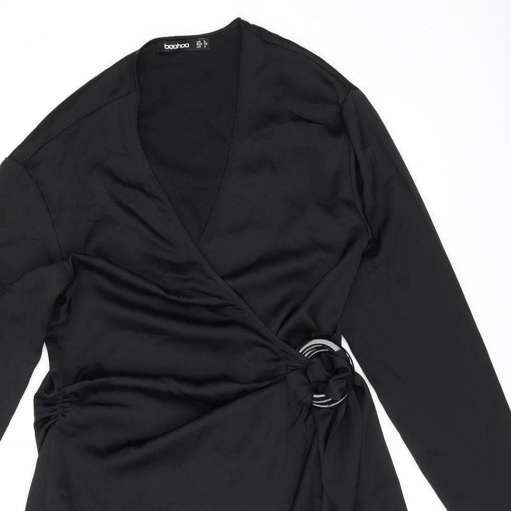 Boohoo Womens Black Polyester Wrap Dress Size 8 V-Neck Tie