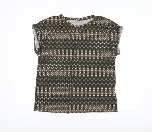 Fransa Womens Green Geometric Polyester Jersey T-Shirt Size M Boat Neck