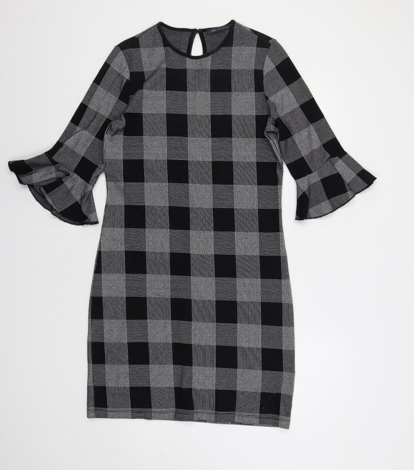 Marks and Spencer Womens Black Check Cotton Shift Size 10 Round Neck Button - Ruffle Sleeves