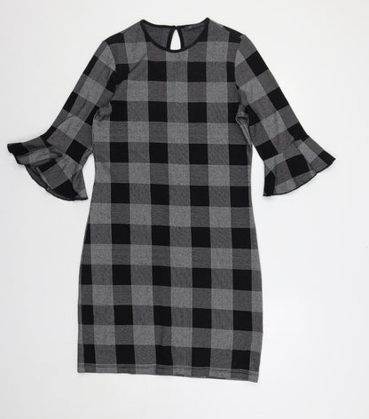 Marks and Spencer Womens Black Check Cotton Shift Size 10 Round Neck Button - Ruffle Sleeves