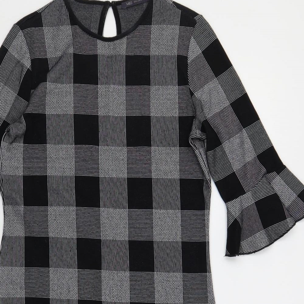 Marks and Spencer Womens Black Check Cotton Shift Size 10 Round Neck Button - Ruffle Sleeves
