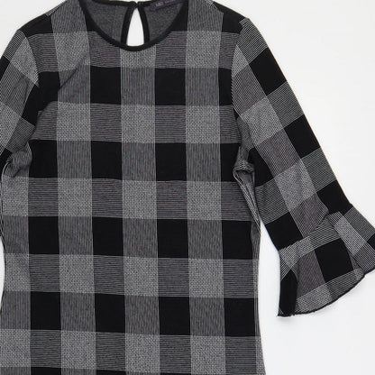Marks and Spencer Womens Black Check Cotton Shift Size 10 Round Neck Button - Ruffle Sleeves