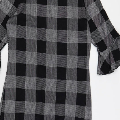 Marks and Spencer Womens Black Check Cotton Shift Size 10 Round Neck Button - Ruffle Sleeves