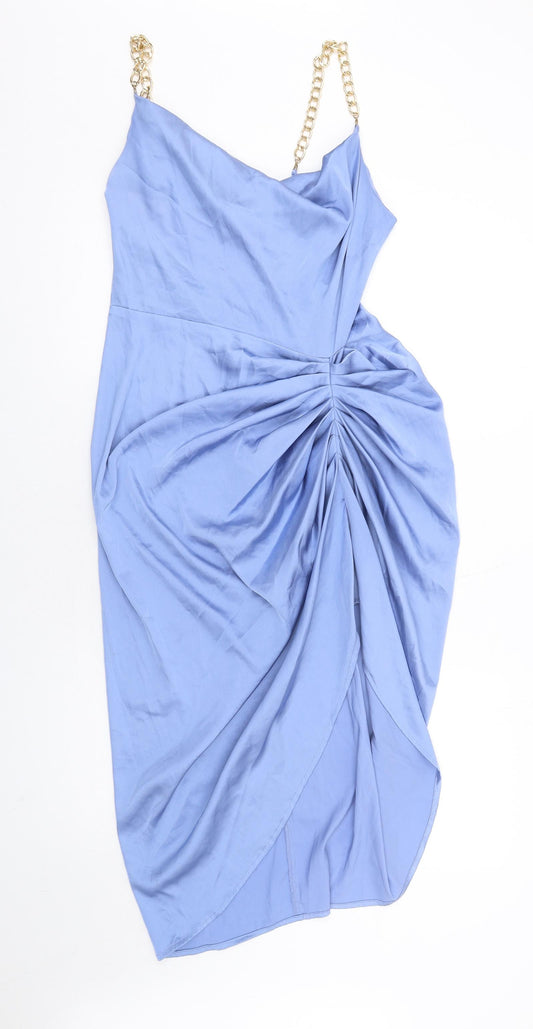 Quiz Womens Blue Polyester Bodycon Size 12 Cowl Neck Zip - Ruched Chain Straps