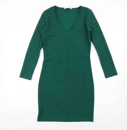 Mango Womens Green Polyester Bodycon Size S V-Neck Pullover