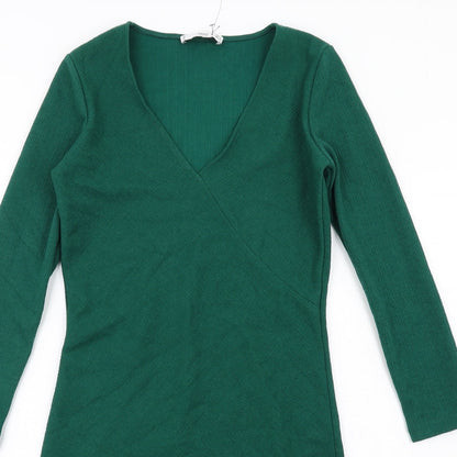 Mango Womens Green Polyester Bodycon Size S V-Neck Pullover