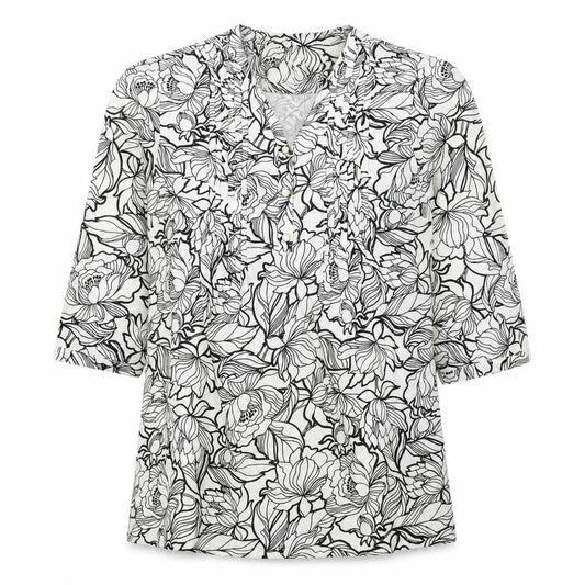 Damart Womens White Floral Polyester Basic Blouse Size 10 V-Neck
