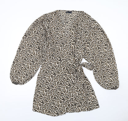 ASOS Womens Brown Animal Print Polyester Wrap Dress Size 16 V-Neck Tie - Leopard Print