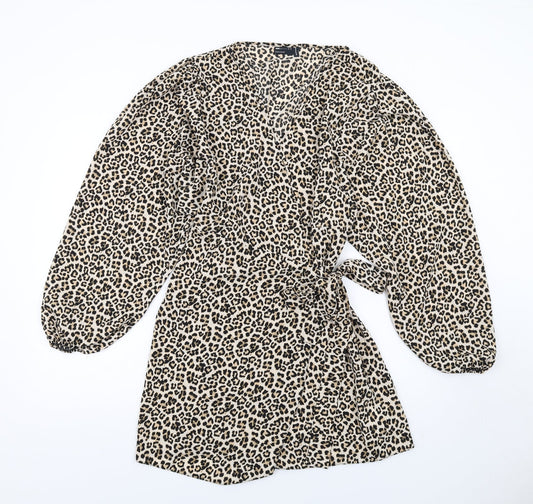 ASOS Womens Brown Animal Print Polyester Wrap Dress Size 16 V-Neck Tie - Leopard Print