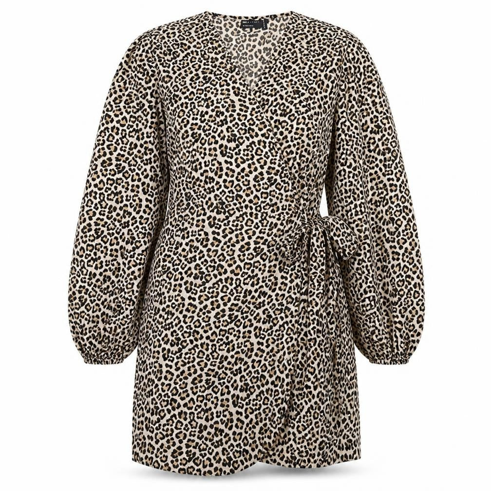 Front view of ASOS women’s brown animal print polyester wrap dress, size UK 16, v-neck tie - leopard print