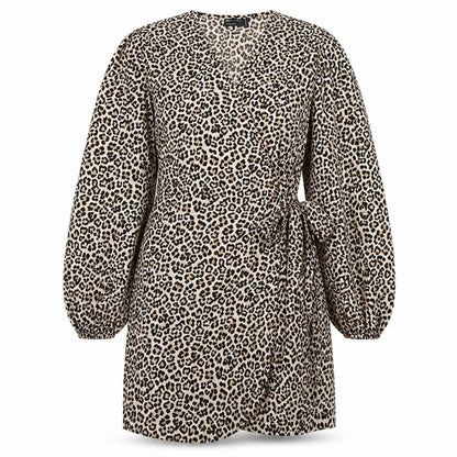 Front view of ASOS women’s brown animal print polyester wrap dress, size UK 16, v-neck tie - leopard print