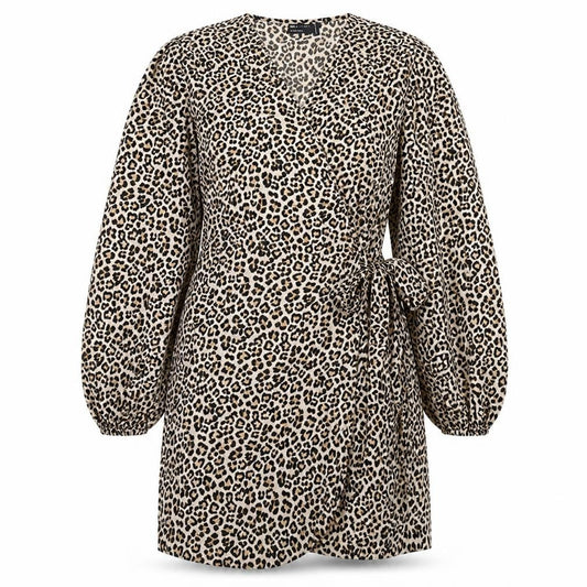 Front view of ASOS women’s brown animal print polyester wrap dress, size UK 16, v-neck tie - leopard print