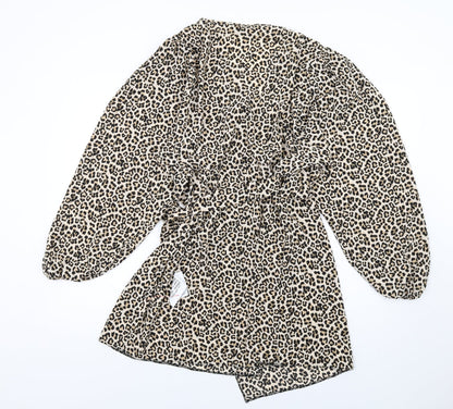 ASOS Womens Brown Animal Print Polyester Wrap Dress Size 16 V-Neck Tie - Leopard Print