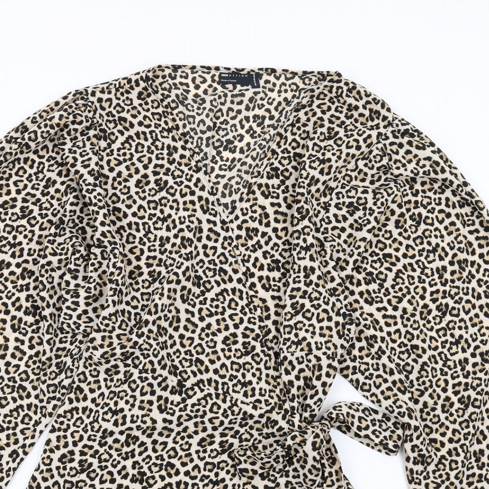ASOS Womens Brown Animal Print Polyester Wrap Dress Size 16 V-Neck Tie - Leopard Print