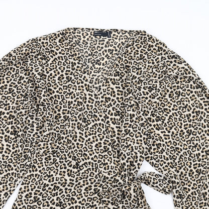 ASOS Womens Brown Animal Print Polyester Wrap Dress Size 16 V-Neck Tie - Leopard Print