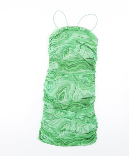 Quiz Womens Green Geometric Polyester Mini Size 10 Square Neck Pullover - Ruched