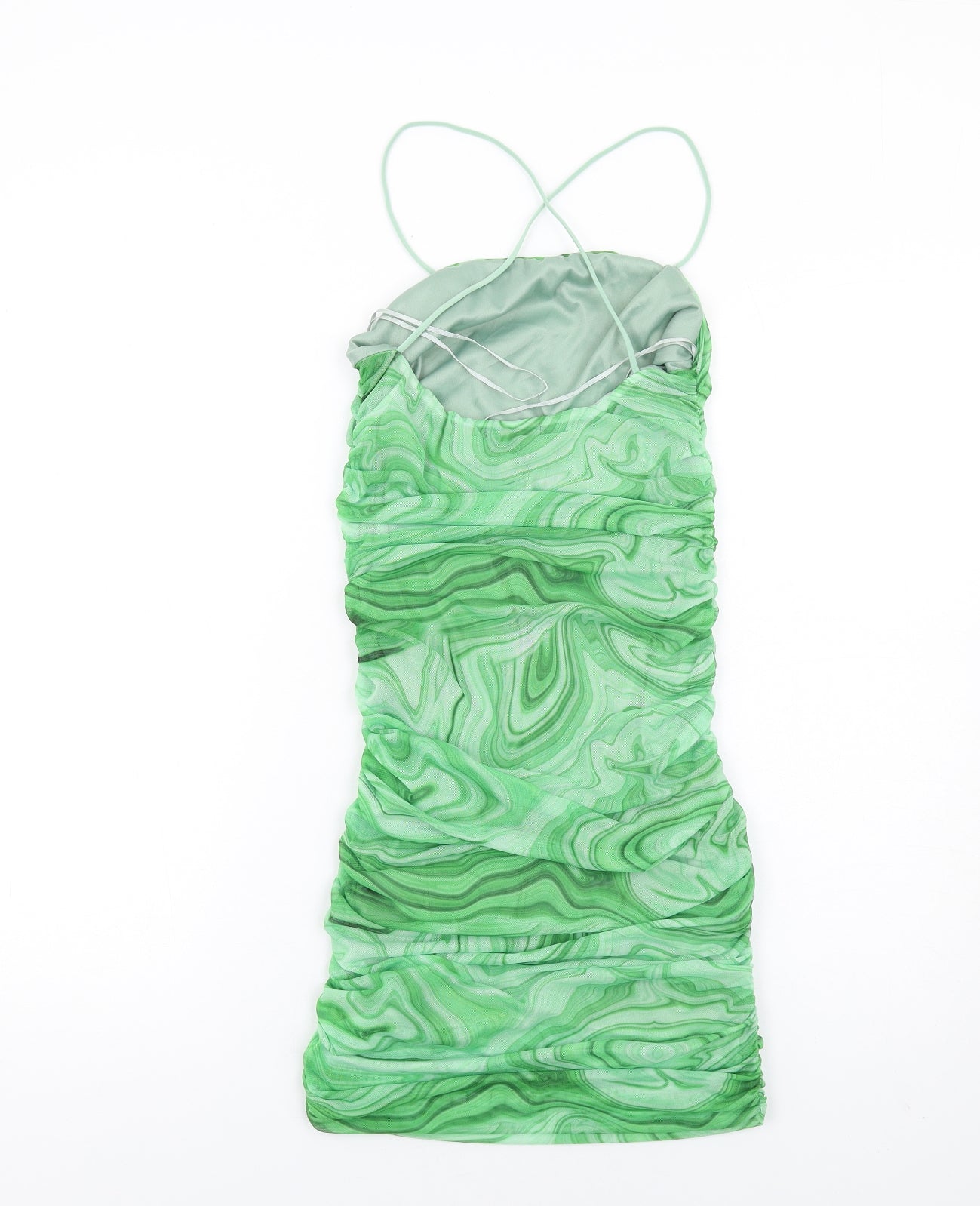 Quiz Womens Green Geometric Polyester Mini Size 10 Square Neck Pullover - Ruched