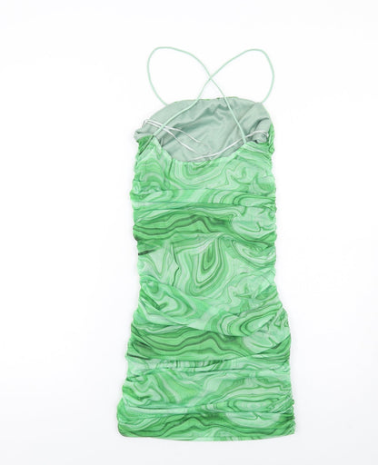 Quiz Womens Green Geometric Polyester Mini Size 10 Square Neck Pullover - Ruched