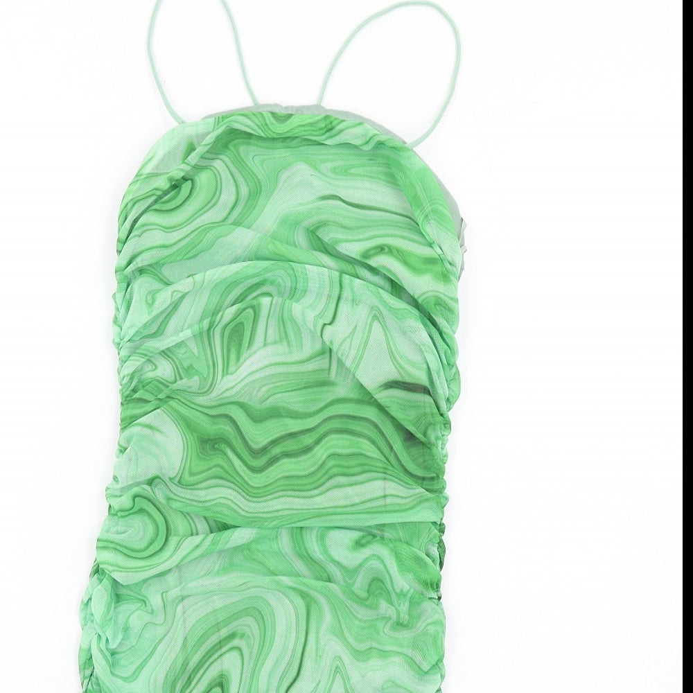 Quiz Womens Green Geometric Polyester Mini Size 10 Square Neck Pullover - Ruched