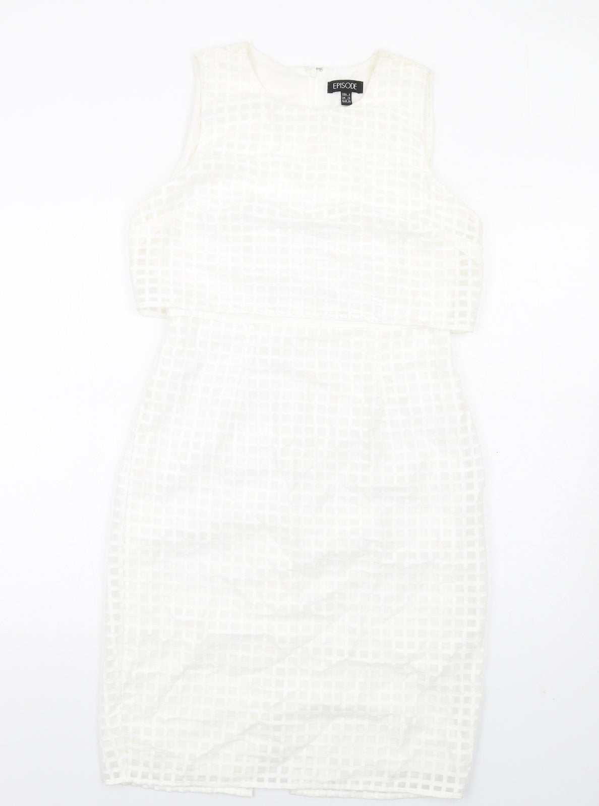 Episode Womens White Check Cotton Pencil Dress Size 10 Round Neck Zip