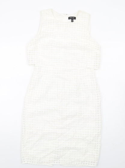 Episode Womens White Check Cotton Pencil Dress Size 10 Round Neck Zip