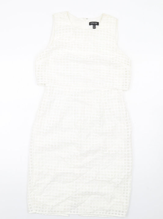 Episode Womens White Check Cotton Pencil Dress Size 10 Round Neck Zip