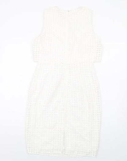 Episode Womens White Check Cotton Pencil Dress Size 10 Round Neck Zip