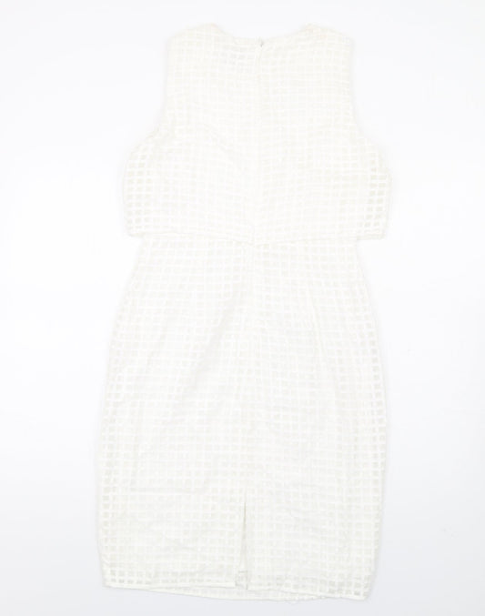 Episode Womens White Check Cotton Pencil Dress Size 10 Round Neck Zip