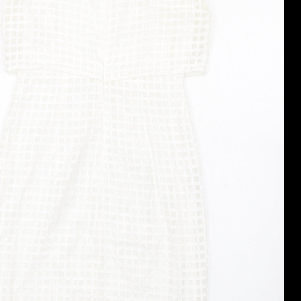 Episode Womens White Check Cotton Pencil Dress Size 10 Round Neck Zip