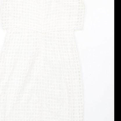 Episode Womens White Check Cotton Pencil Dress Size 10 Round Neck Zip
