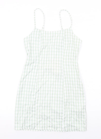 Missguided Womens Green Check Cotton Mini Size 8 Square Neck Zip