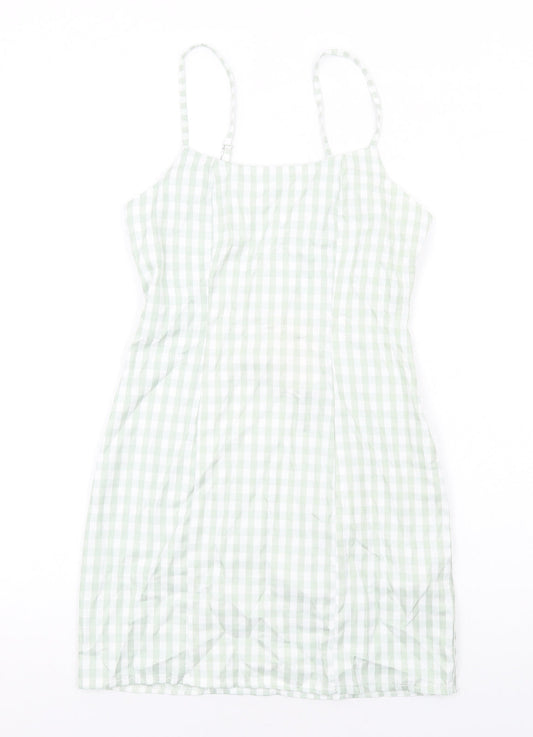 Missguided Womens Green Check Cotton Mini Size 8 Square Neck Zip