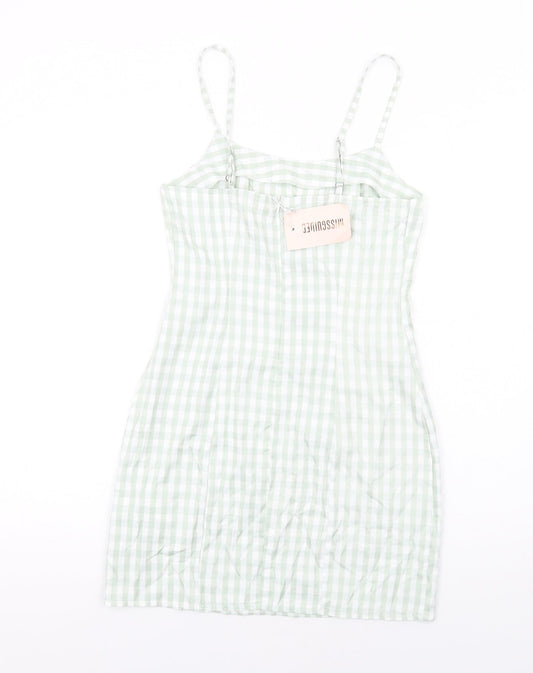 Missguided Womens Green Check Cotton Mini Size 8 Square Neck Zip