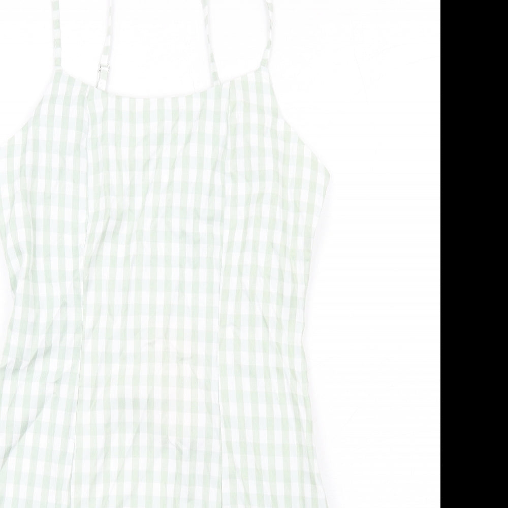 Missguided Womens Green Check Cotton Mini Size 8 Square Neck Zip